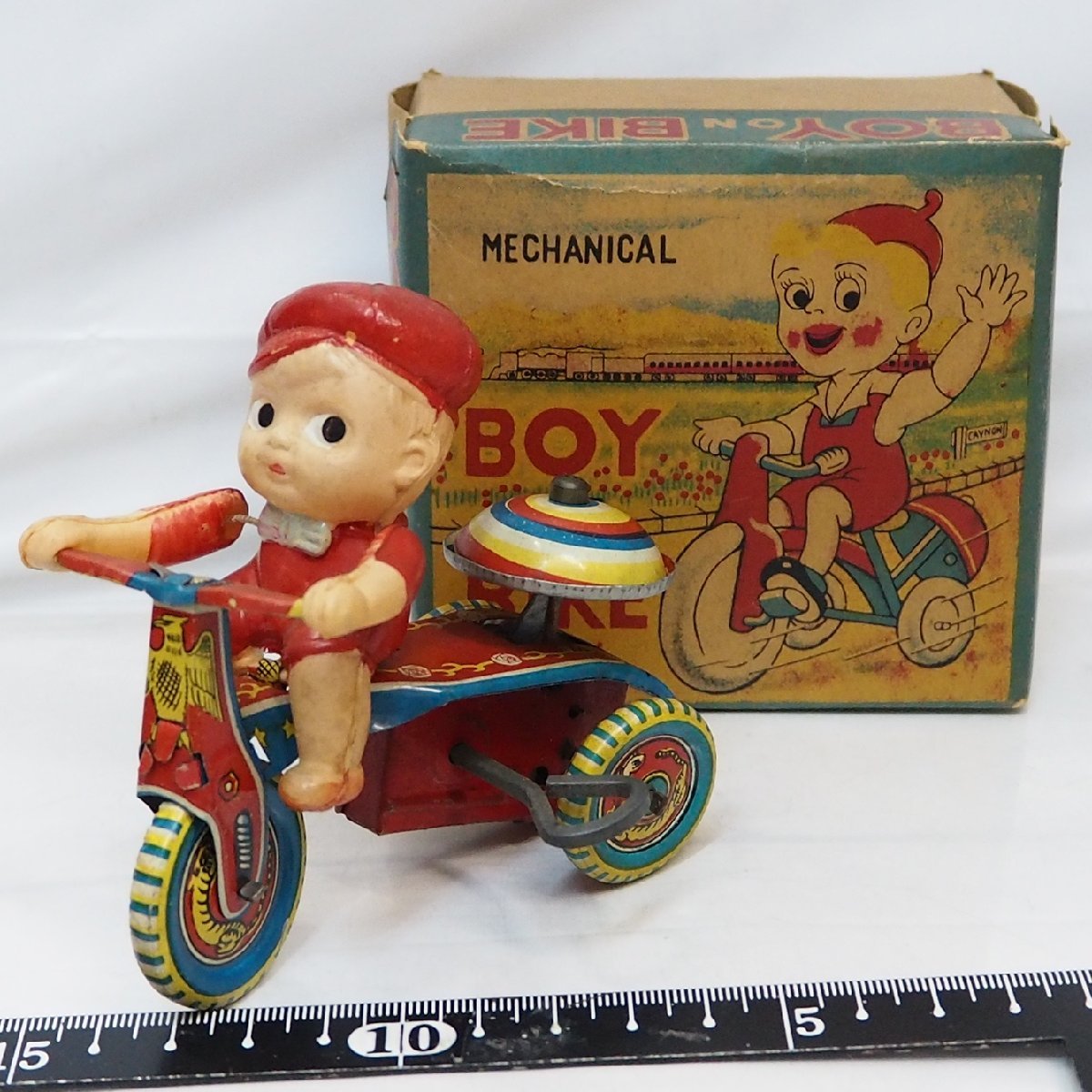  cell Lloyd doll tin plate tricycle small size [MECHANICAL BOY ON BIKEzen my bike ] made in Japan tin toy car# horse. Mark [ box attaching ] including carriage 