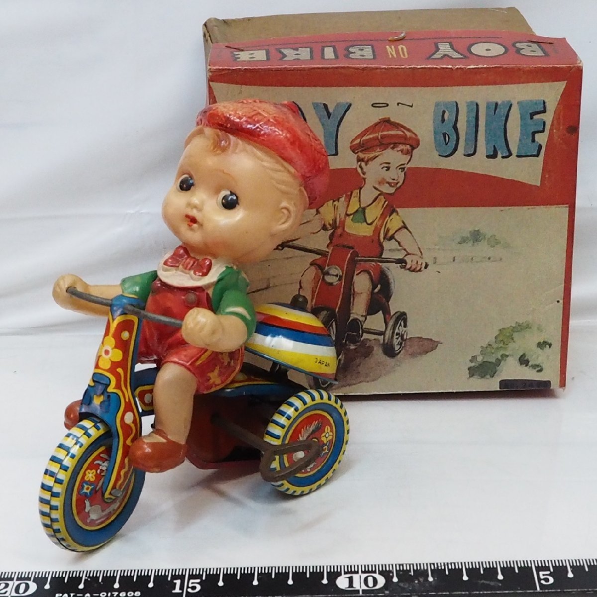  cell Lloyd doll tin plate tricycle middle size [BOY ON BIKEzen my bike ] made in Japan tin toy car# Manufacturers unknown [ box is copy ] including carriage 