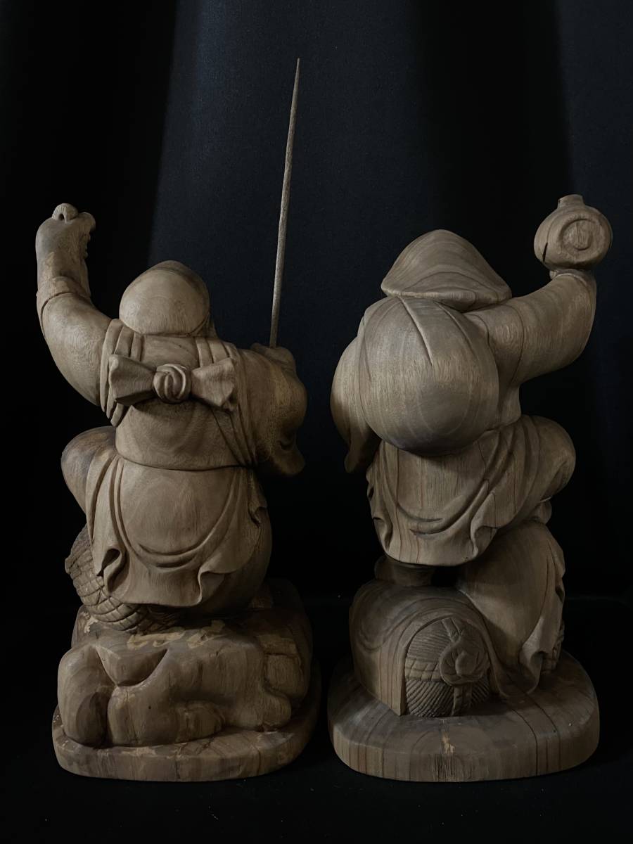 高31cm 井波彫刻 時代彫刻 一刀彫り 楠材 縁起物 服神 恵比寿大黒一式 