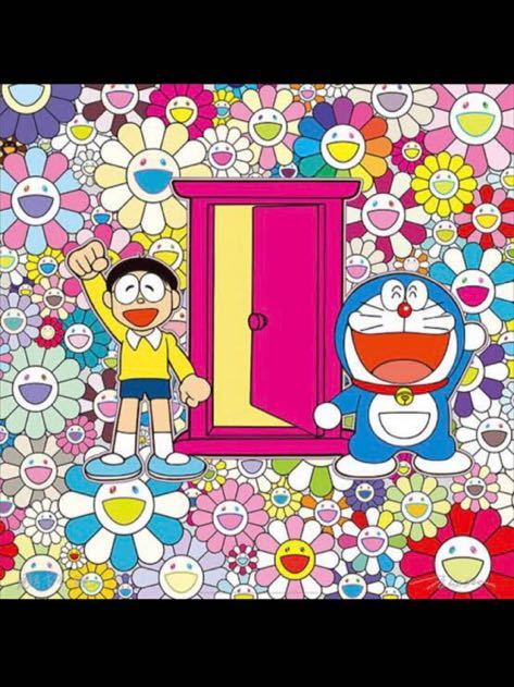 オシャレ 村上隆 ドラえもん 版画 「どこでもドア」でお花畑にやってき