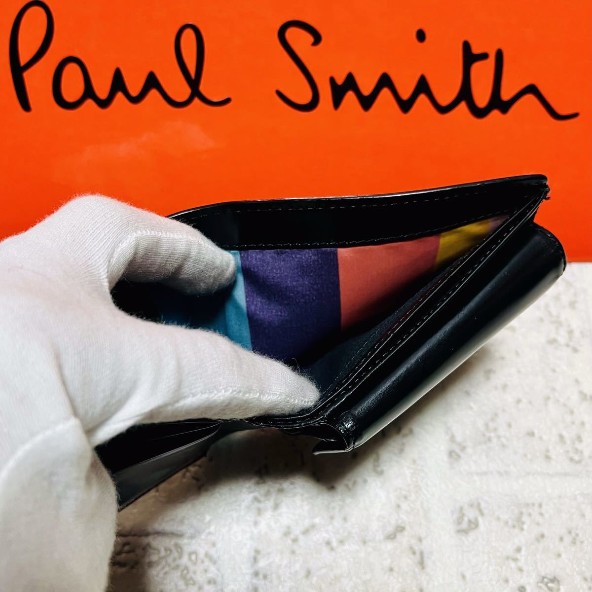 良品 ポールスミス PaulSmith シティエンボス マルチストライプ ２つ折り財布 コンパクトウォレット ネイビー メンズ レディース 8116