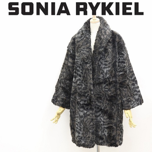 ヴィンテージ◆SONIA RYKIEL ソニアリキエル 総柄 フェイクファー オーバーシルエット ショールカラー ボタンレス コート_画像1