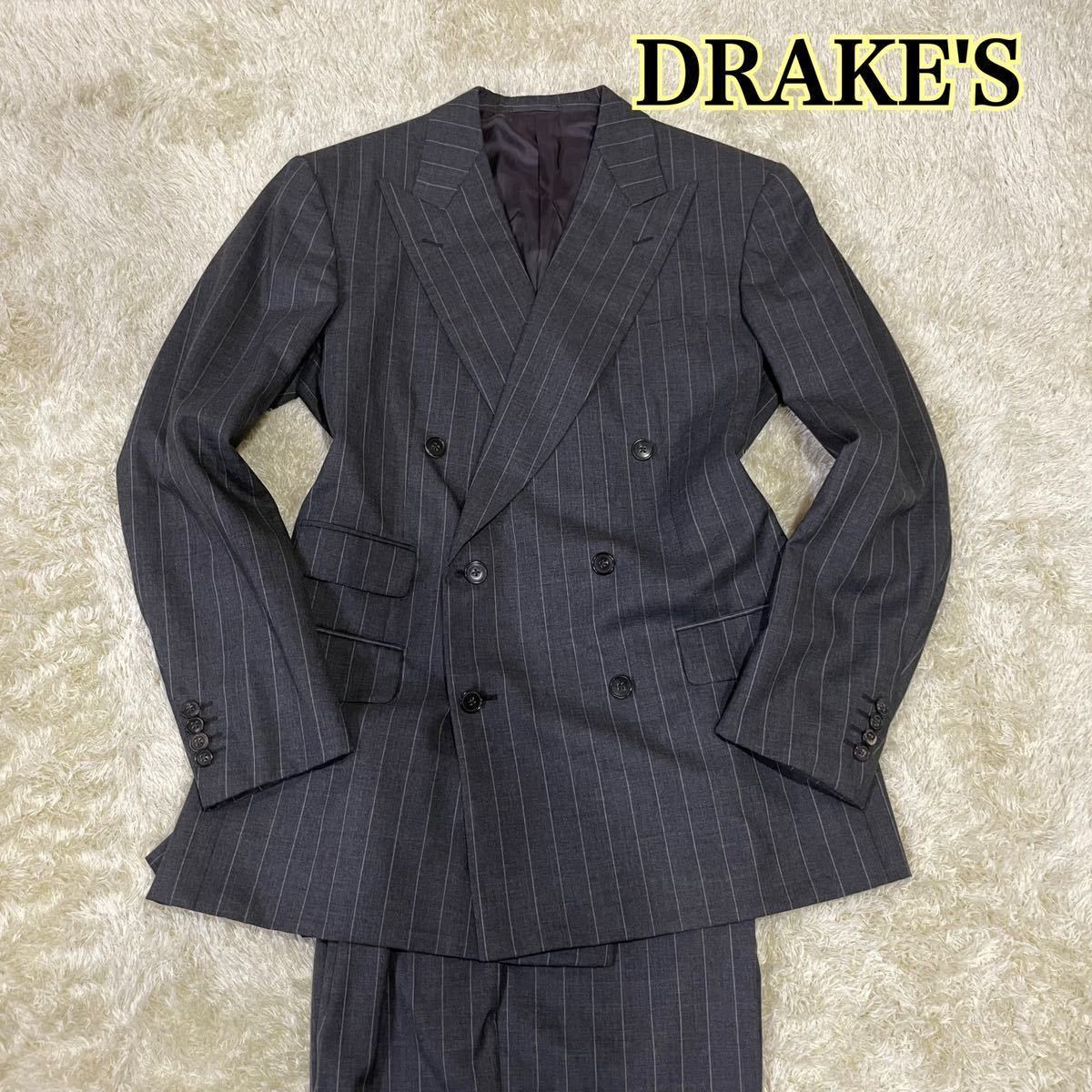 DRAKE'S 【超高級英国ブランド】 ドレイクス セットアップスーツ ダブルブレスト 48 チャコールグレー ウール ストライプ イタリア製_画像1