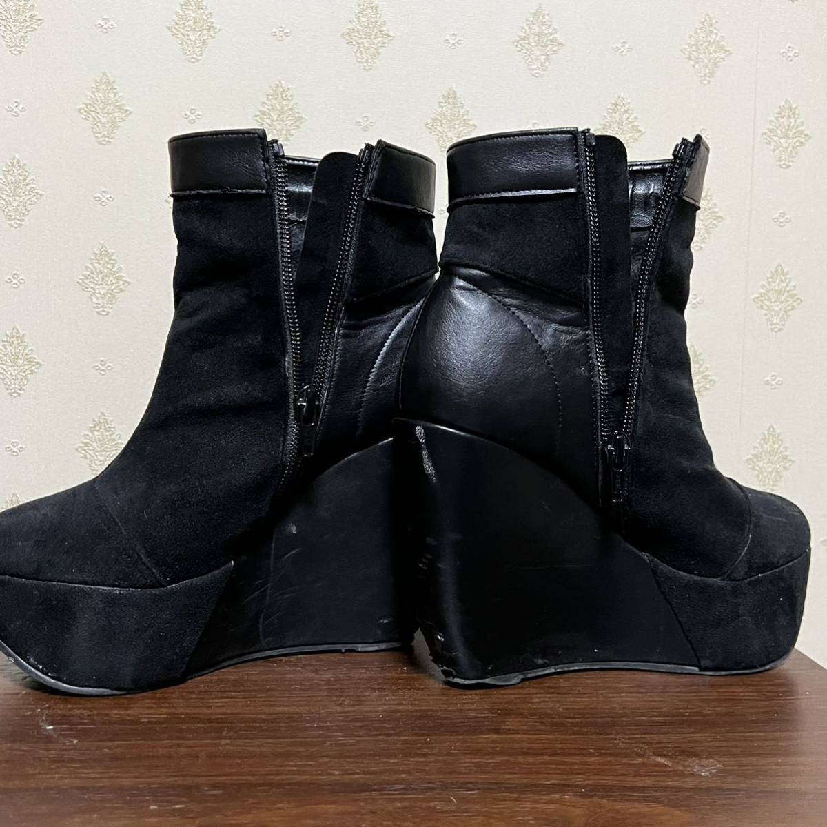  bootie boots short boots thickness bottom heel shoes high heel S black Wedge sole side zipper 