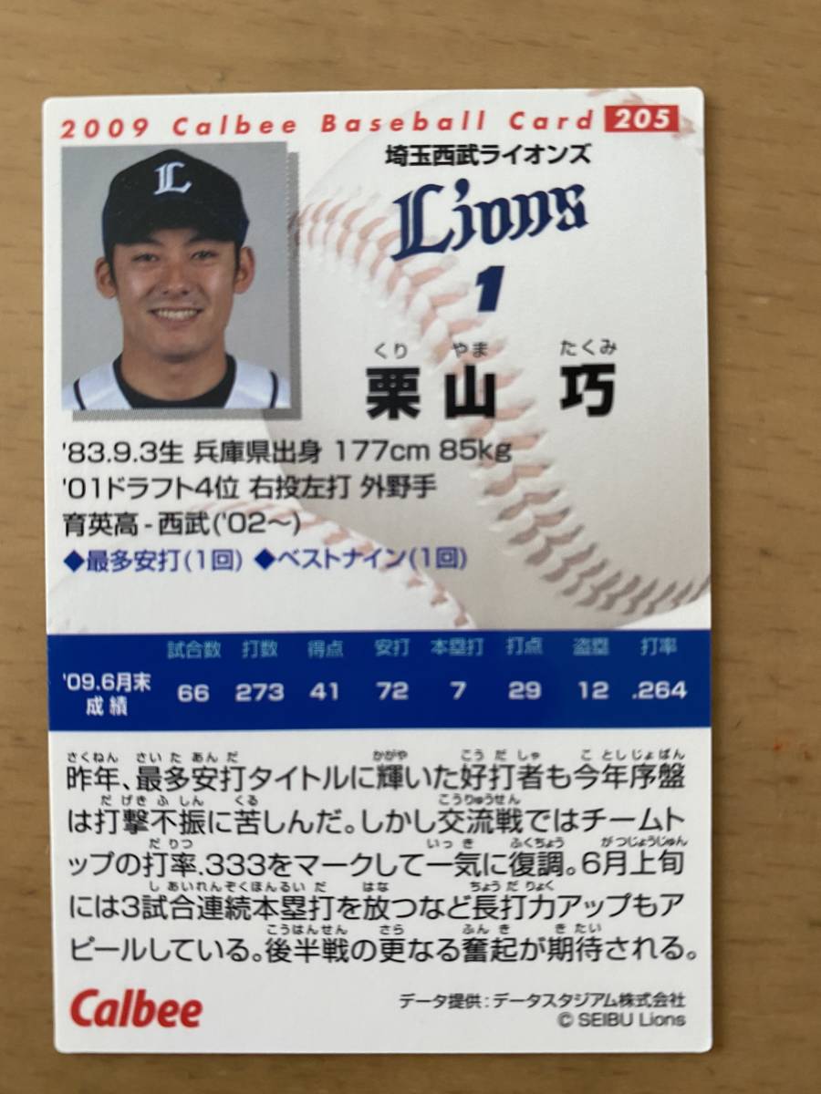 2009年カルビープロ野球カード・205・栗山巧(埼玉西武ライオンズ）_画像2