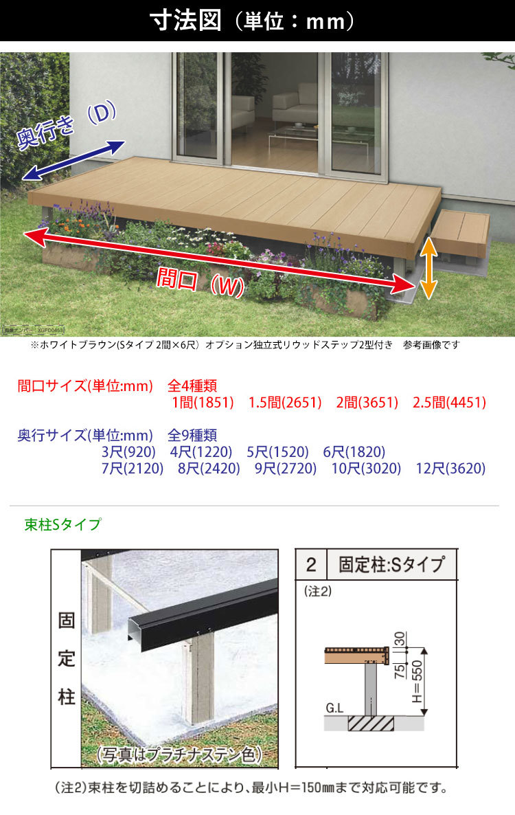 ウッドデッキ DIY YKK リウッドデッキ Sタイプ 2間 8尺 3651×2420mm 2.0間 人工木 キット セット 樹脂_画像3