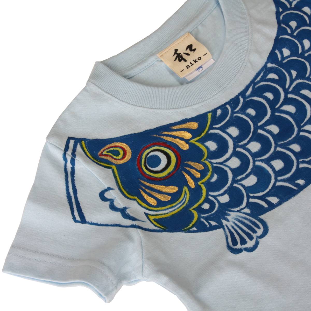 子供服 キッズTシャツ 90サイズ 水色 ブルー 鯉のぼり柄 Tシャツ ハンドメイド 手描きTシャツ 和柄 こどもの日 男の子 節(jié)句 5月