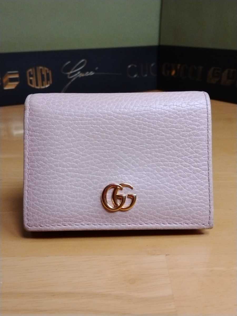 中古 GUCCI グッチ レザーミニ財布 小物入れ カードケース お札入れ 金のGGロゴ ピンク Gucci mini wallet 送料無料_画像1