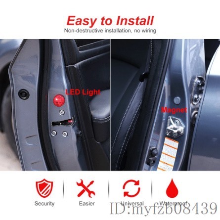 Ka1576:4 piece set automobile door opening and closing LED safety light clashing prevention lamp magnetism sensor strobo blinking light rear impact collision prevention red color car door safety shines 