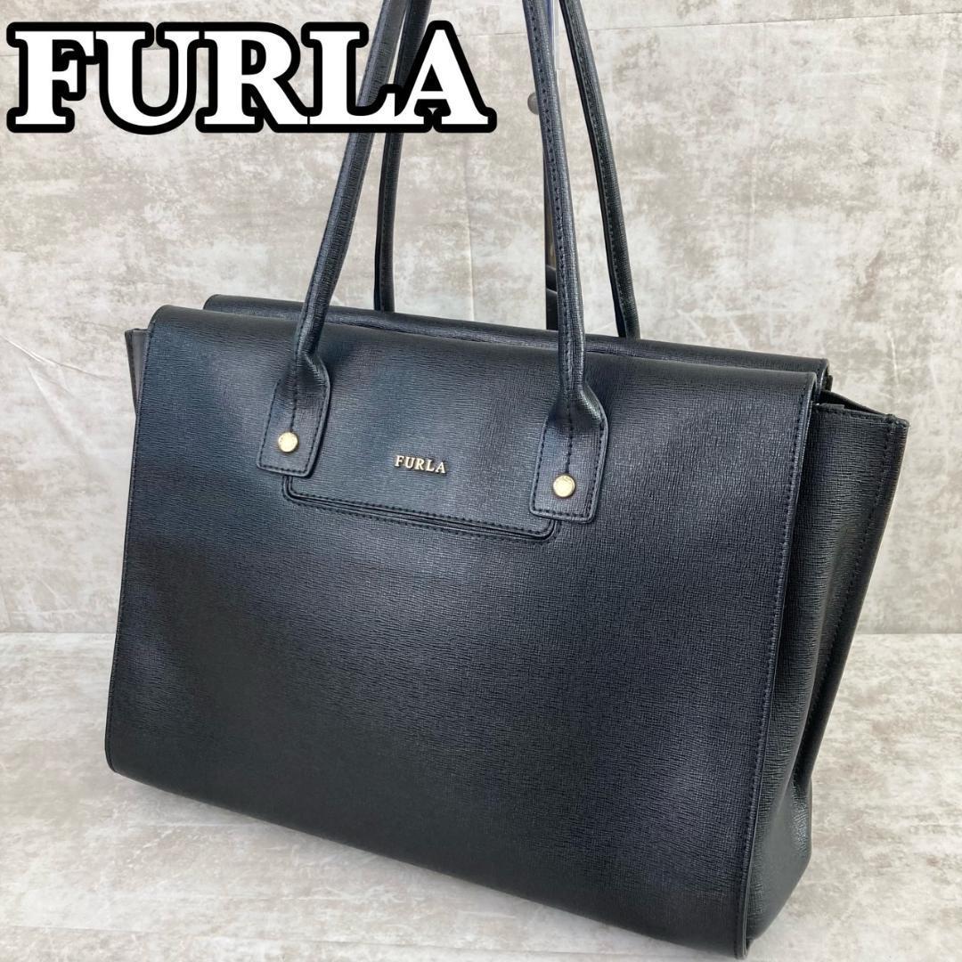 良品 FURLA フルラ ビジネスバッグ トートバッグ ハンド A4収納 ブランドロゴ フォーマル レザー ブラック 黒 レディース