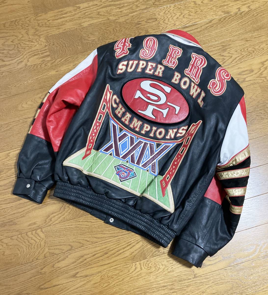 [90s JEFF HAMILTON] NFL 49ERS XXIX CHAMPIONS 1995 優勝記念 オールレザースタジャン レザージャケット L 本革 USA製 ジェフハミルトン_画像1