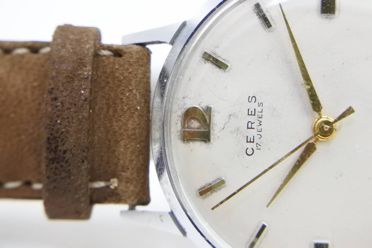 稀少モデル☆１９５０年頃　スイス製　CERES　１７石　耐震　耐磁　手巻き紳士腕時計　裏蓋に当時輸入証紙シール付　当時高級品_画像2