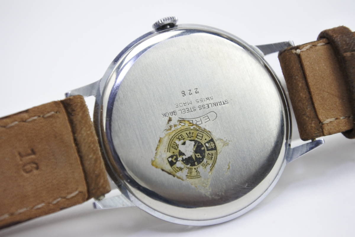 稀少モデル☆１９５０年頃　スイス製　CERES　１７石　耐震　耐磁　手巻き紳士腕時計　裏蓋に当時輸入証紙シール付　当時高級品_画像5