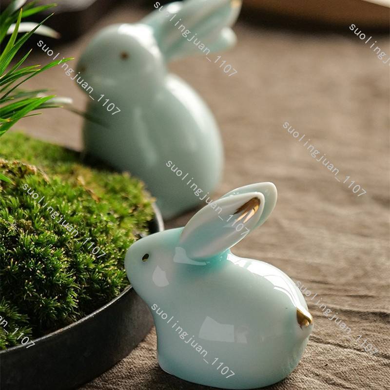 ハンドメイド 2点セット ウサギ置物 茶道具 陶器 焼物 うさぎ ハンドメイド 2点セット ウサギ置物 茶道具 陶器 焼物 うさぎ
