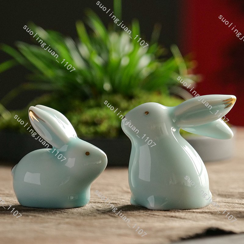 ハンドメイド 2点セット ウサギ置物 茶道具 陶器 焼物 うさぎ ハンドメイド 2点セット ウサギ置物 茶道具 陶器 焼物 うさぎ