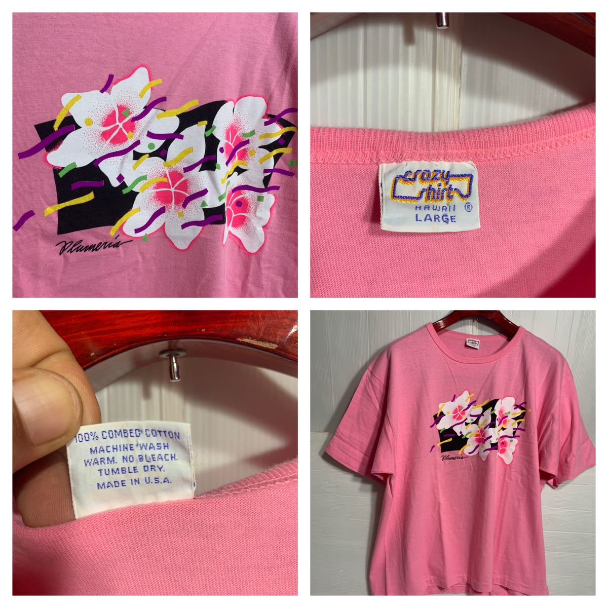 80'sヴィンテージ　crazy shirt HAWAII クレイジーシャツ　USA製　Plumeria プルメリア　フラワー　花柄　半袖　Tシャツ　L ピンク_画像2