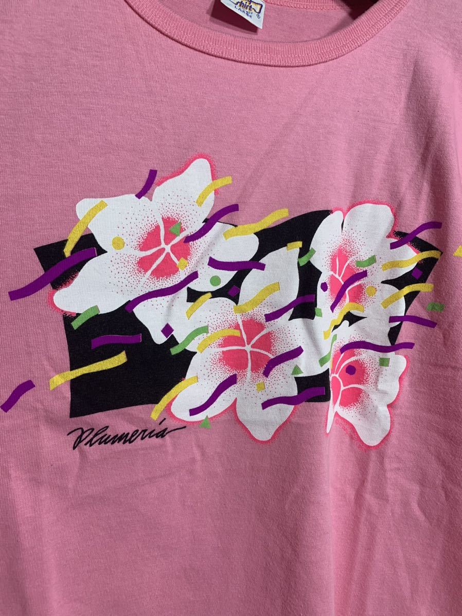 80'sヴィンテージ　crazy shirt HAWAII クレイジーシャツ　USA製　Plumeria プルメリア　フラワー　花柄　半袖　Tシャツ　L ピンク_画像5