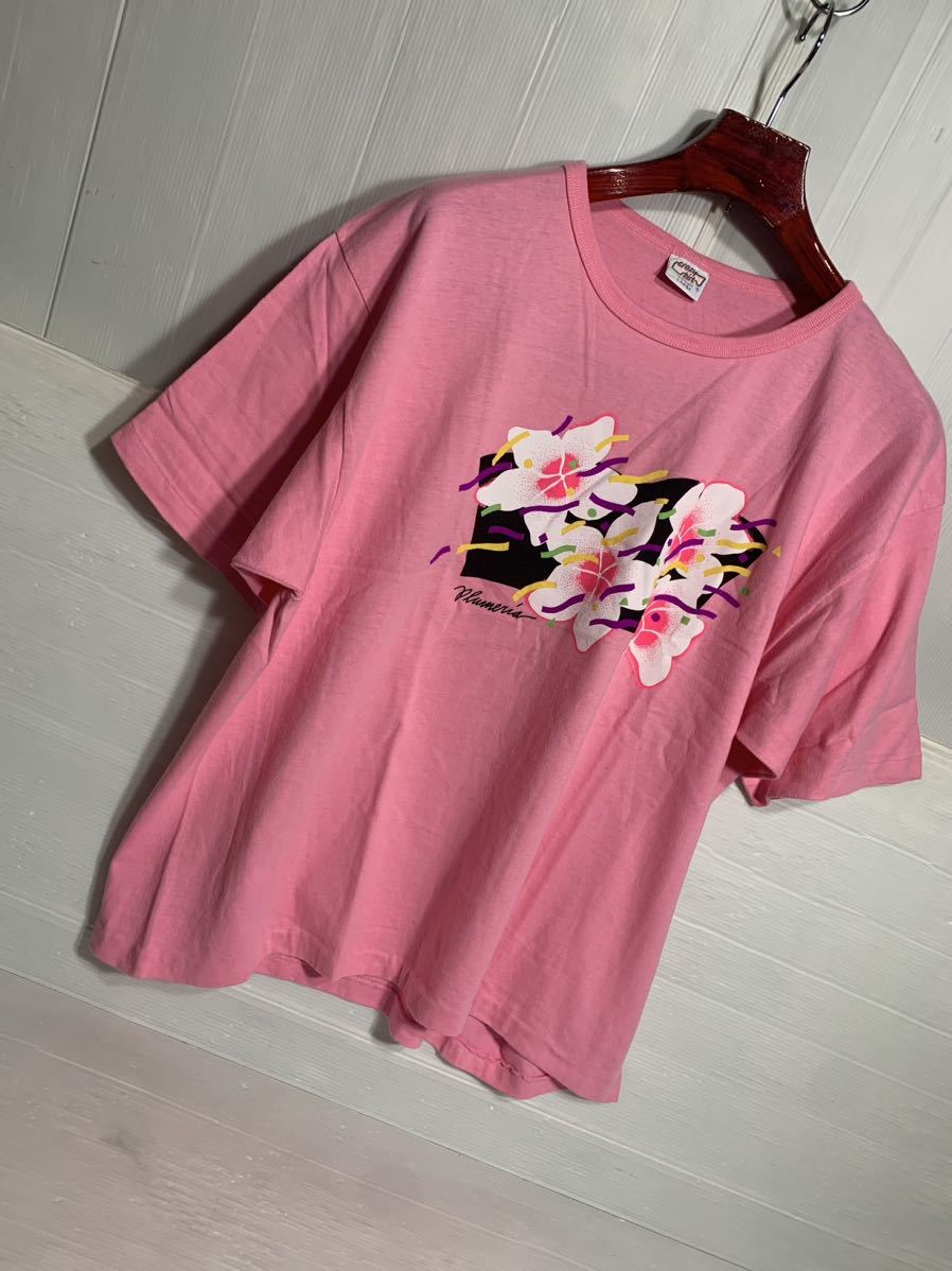 80'sヴィンテージ　crazy shirt HAWAII クレイジーシャツ　USA製　Plumeria プルメリア　フラワー　花柄　半袖　Tシャツ　L ピンク_画像8