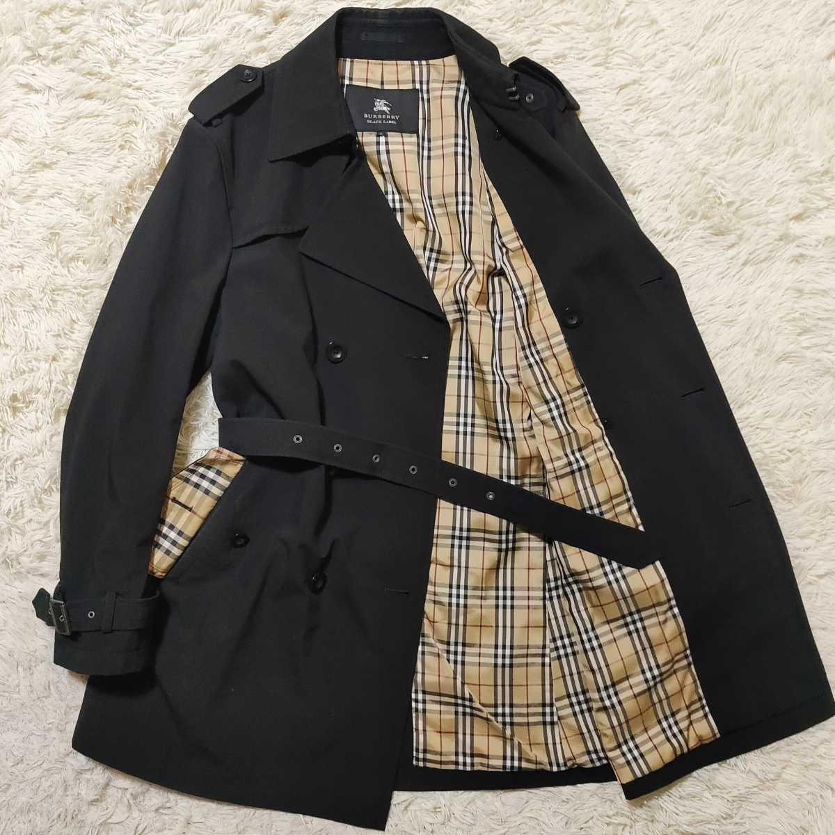 ほぼ未使用&XLサイズ BURBERRY BLACK label バーバリーブラックレーベル トレンチコート ベルト付き ノバチェック メンズ ロゴ金具