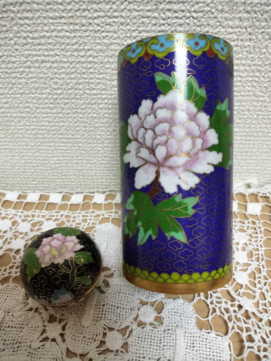 中国美術 工芸品　七宝　花瓶　置物　香合　牡丹　鳥_画像1