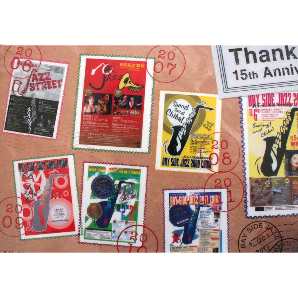 ベイサイドジャズ千葉 BAY SIDE JAZZ 2012 CHIBA Thank you 15th Anniversary A4クリアファイル 過去15回分ポスターが切手で描かれています_画像5