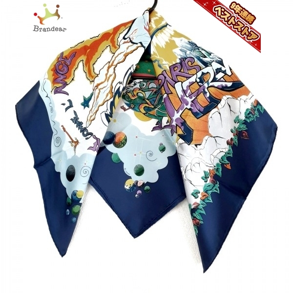 エルメス HERMES カレ90 ネイビー×オレンジ×マルチ THE ALFEE AUBE LIBRE COMME L' ANGE/THE ALFEE 25周年記念 美品 スカーフ