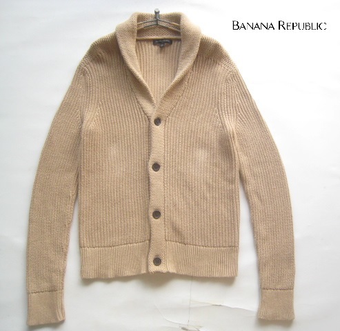 美品!!バナナリパブリック BANANA REPUBLIC*ショールネック ざっくりコットンニットカーディガン XS 実寸S 濃いベージュ バナリパ_画像1