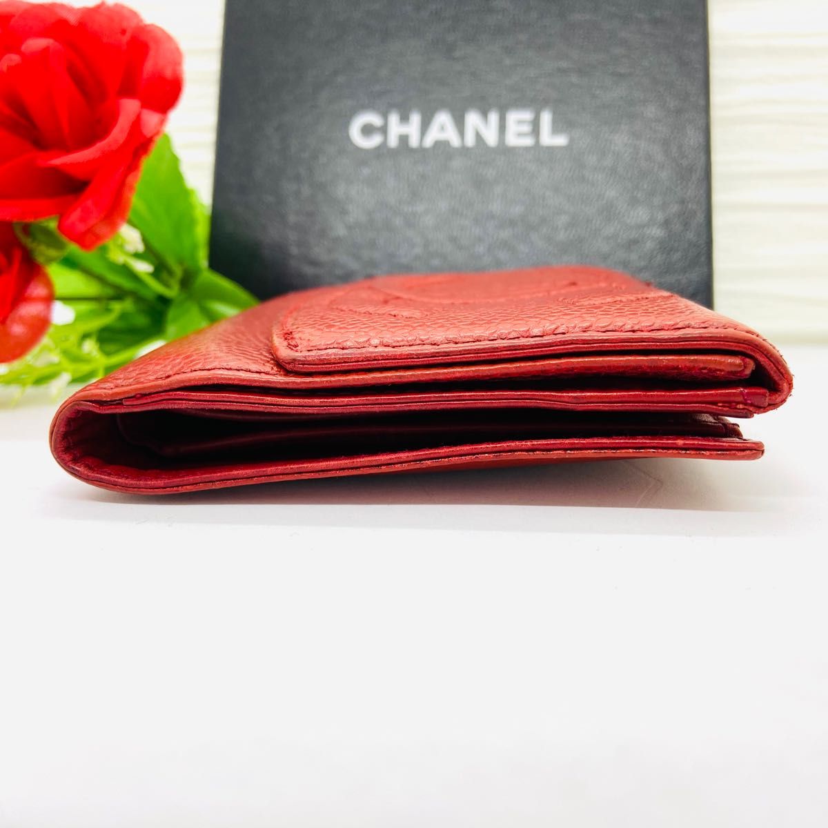 CHANEL シャネル ココマーク デカココ Wホック コンパクト財布 レッド キャビアスキン