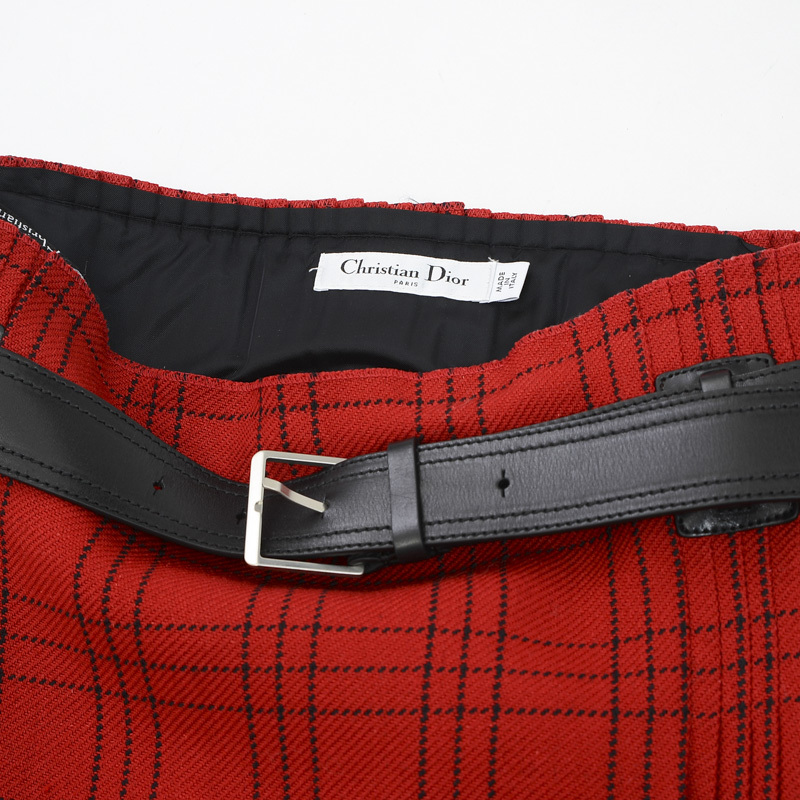 ディオール プリーツスカート チェック ベルト付き ウール レッド サイズ34 ブランドピース