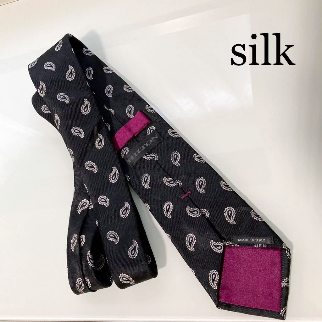 HILOTON シルクネクタイ silk 絹 100% ペイズリー柄 黒 BLACK ブラック 男性 スーツ タイ 正装 イタリア ITALY 総柄_画像1