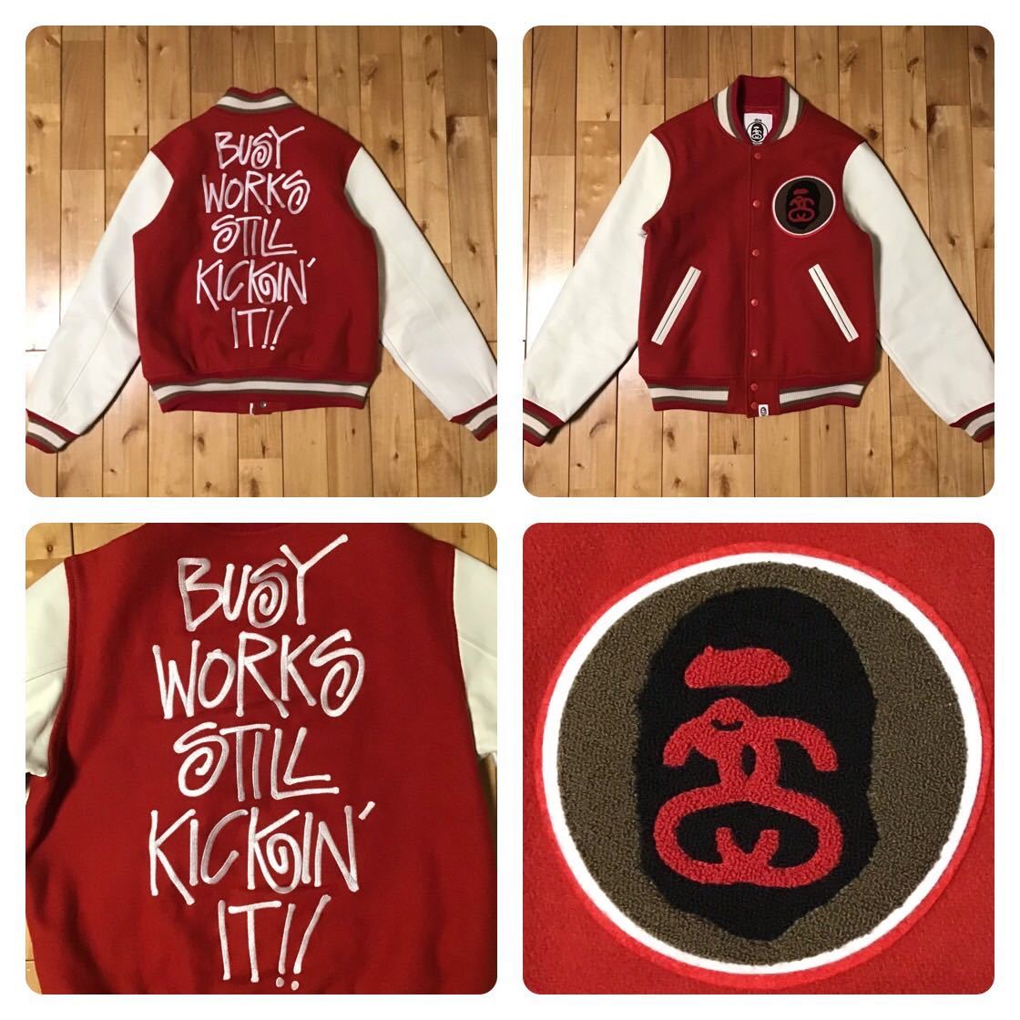 STUSSY × BAPE 袖レザー スタジャン Mサイズ Red a bathing ape BAPE leather varsity jacket  エイプ ベイプ アベイシングエイプ sa8665