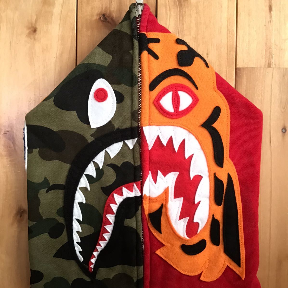 Crazy face tiger shark full zip hoodie Sサイズ 1st camo a bathing ape BAPE タイガー シャーク パーカー エイプ ベイプ 迷彩 w21_画像3