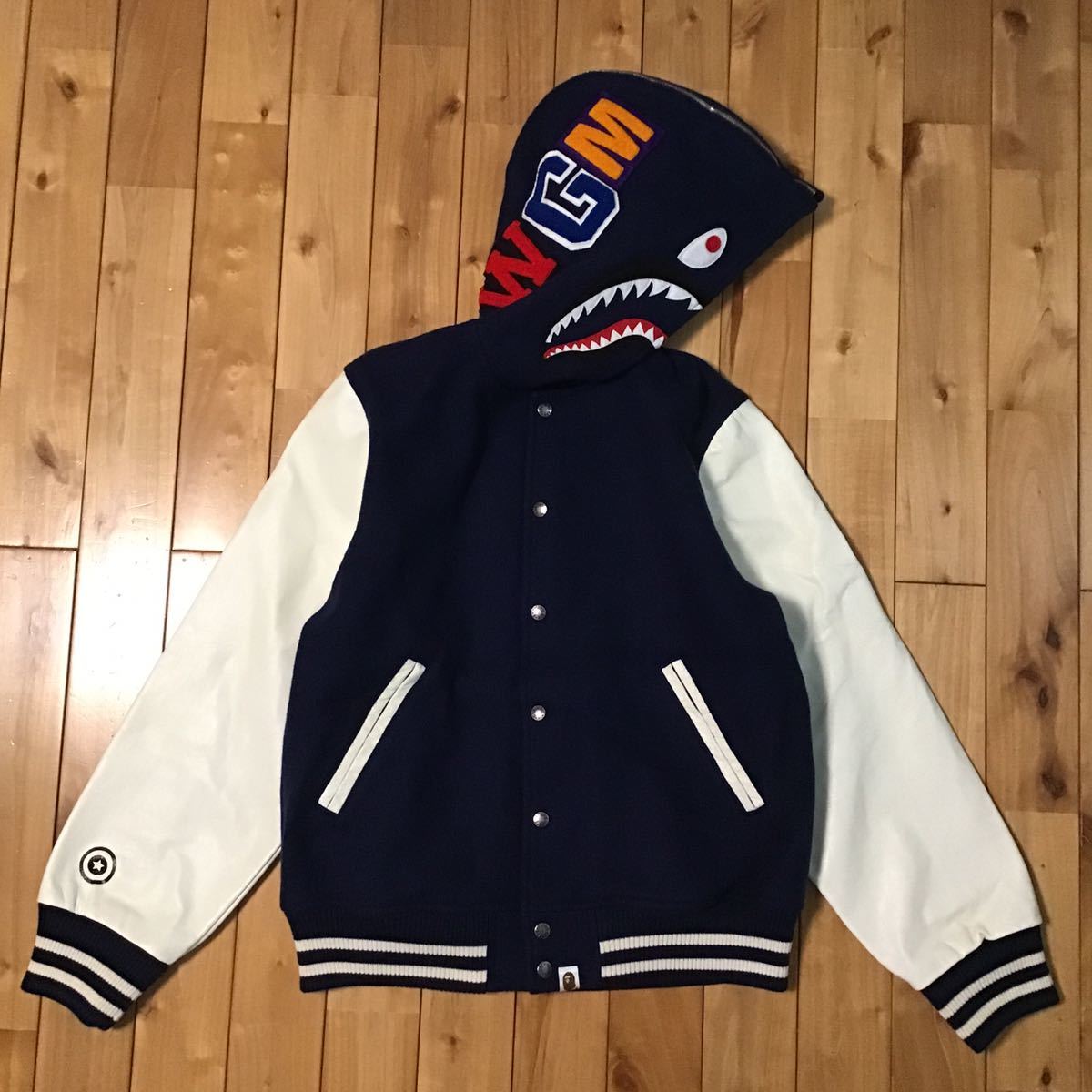 ★XL★ 袖レザー shark hoodie varsity jacket navy a bathing ape BAPE leather シャーク パーカー スタジャン エイプ ベイプ w15