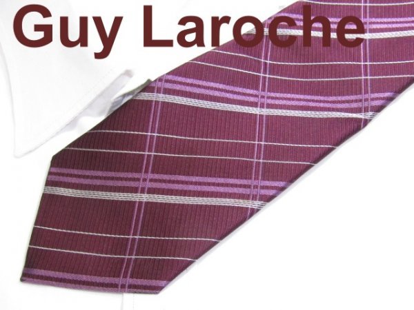 B 860 ギラロッシュ ネクタイ Guy Laroche 赤色系 チェック柄ジャガード_画像1