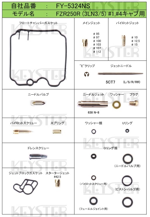 ■ FY-5324NS/U 　FZR250R 3LN3 / 5　キャブレター リペアキット キースター　KEYSTER　燃調キット７_画像2