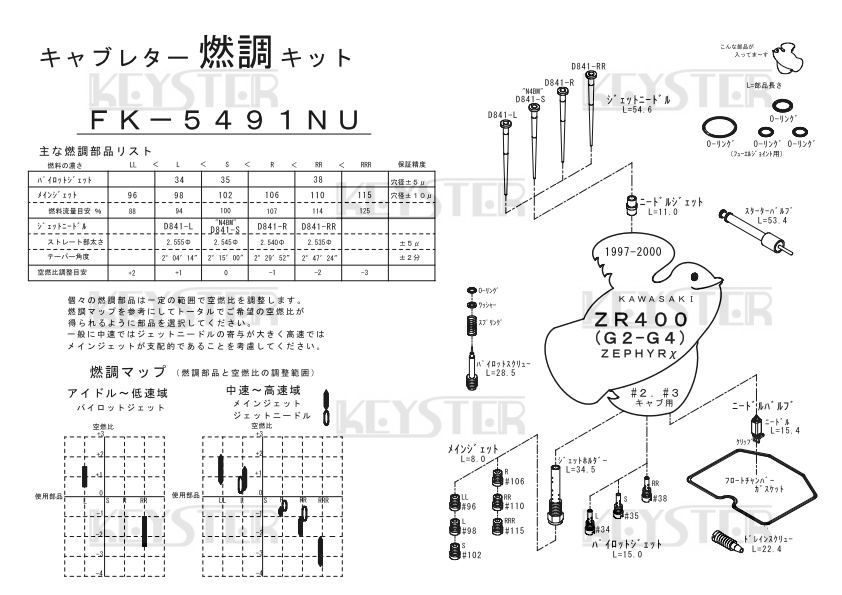 ■ FK-5491NU/S ゼファーχ　ZEPHYRχ G2-G4 1997-2000　キャブレター リペアキット　キースター　燃調キット　３_画像4