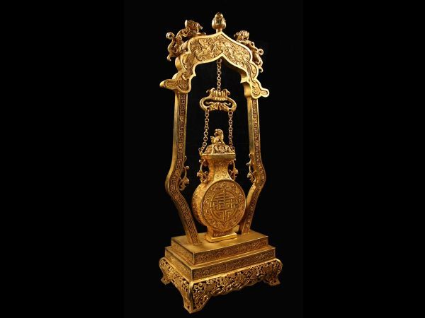 「清代 乾隆年製 古銅彫 塗金鏈條瓶擺件」旧銅器 置物擺件 賞物 中国古美術 旧蔵出