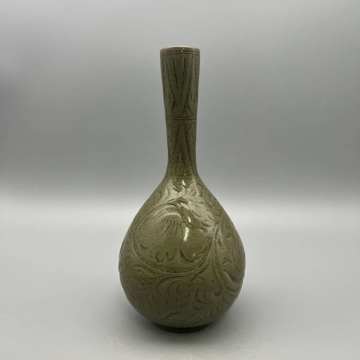 宋耀州窯青磁花紋彫刻花瓶花入高さ22cm 中国骨董品中国美術古美術藏出-