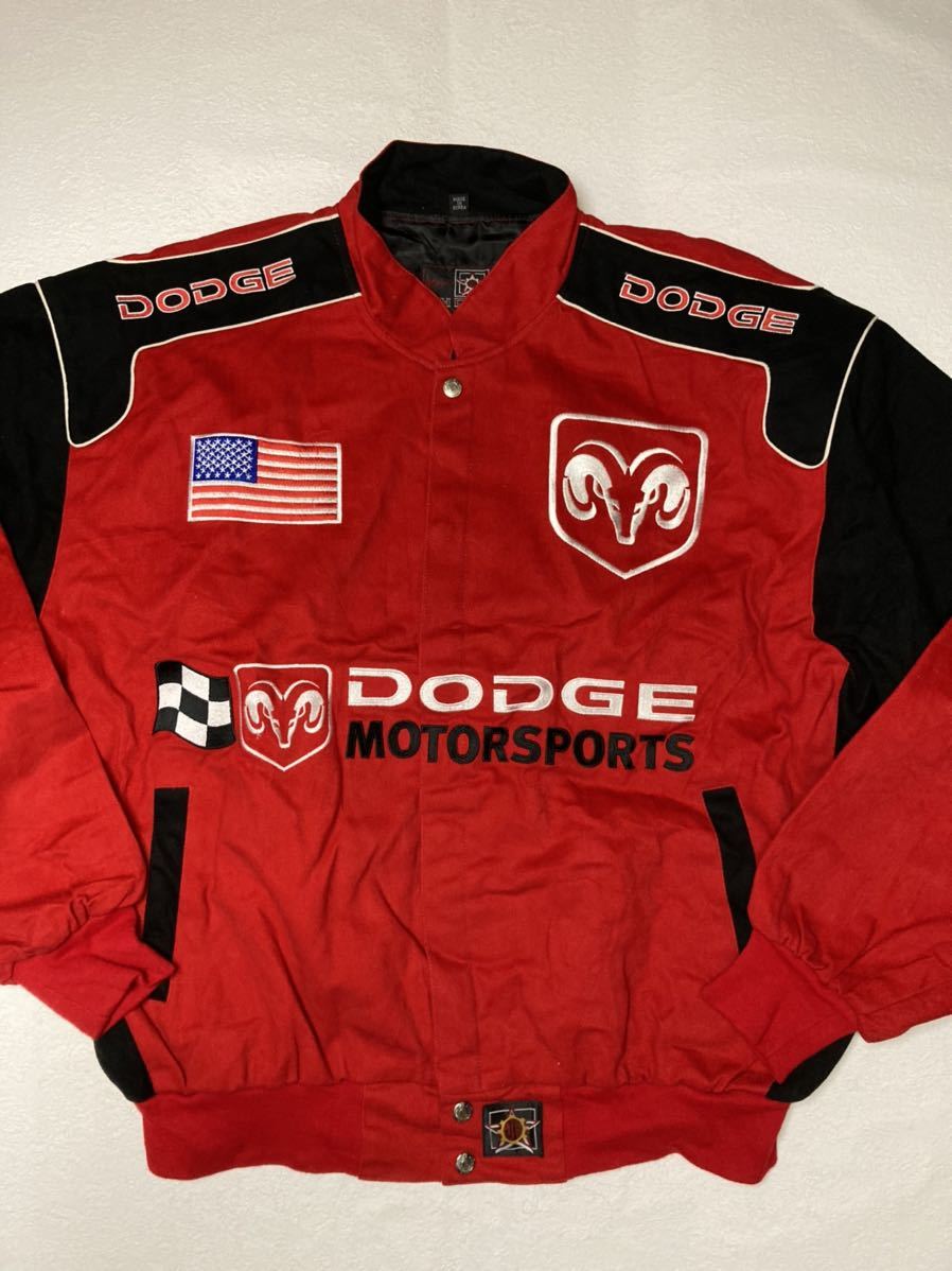 ◆ JH Design ◆ 良好 ジェフハミルトン 豪華刺繍 DODGE MOTORSPORTS ダッジ フルデコ カスタム ツイル レーシング ジャケット XL 赤x黒