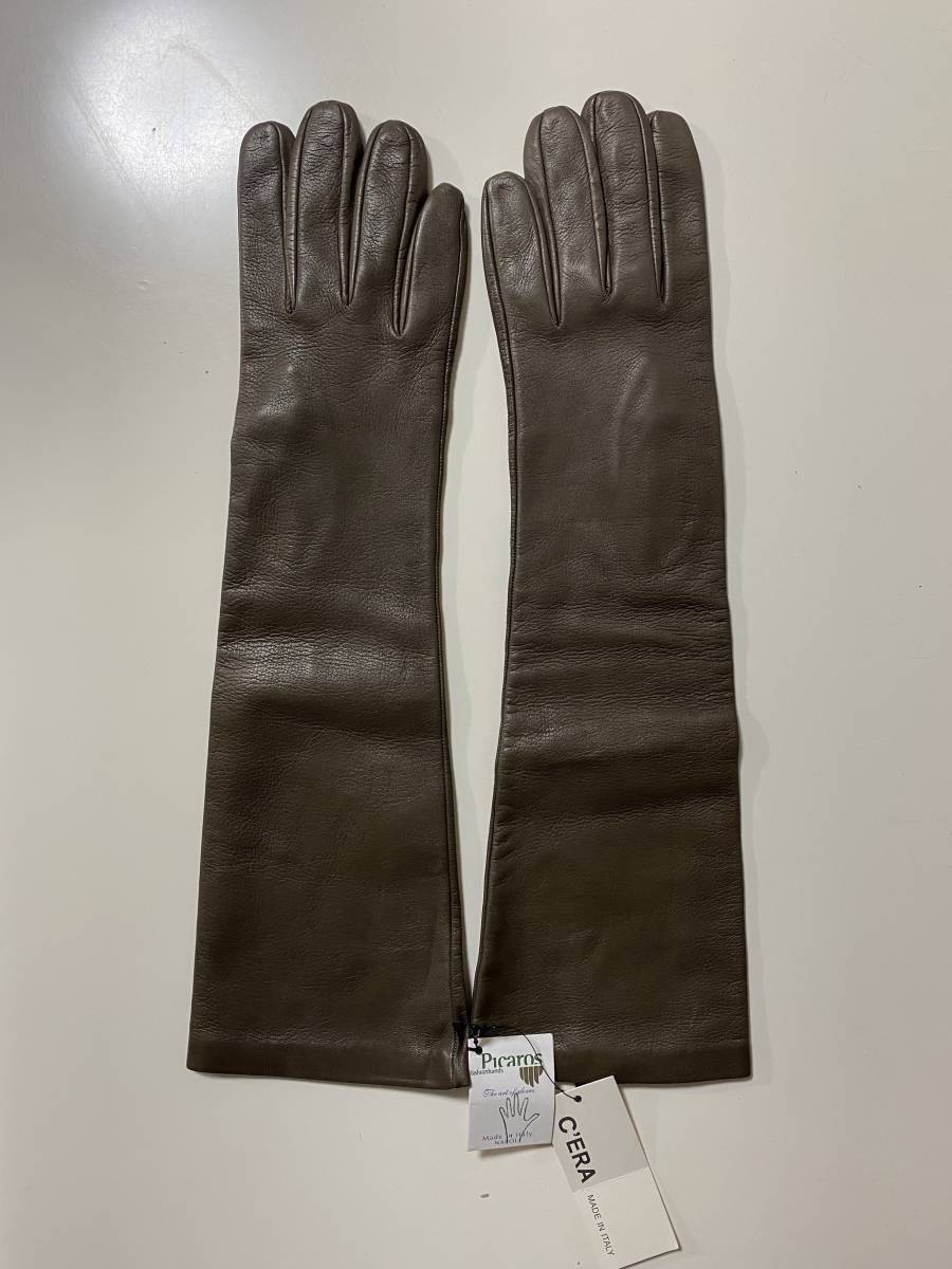 [ unused goods ] Italy made pi Caro PICAROS GLOVES lady's leather long glove Brown leather gloves size 7 half silk lining 