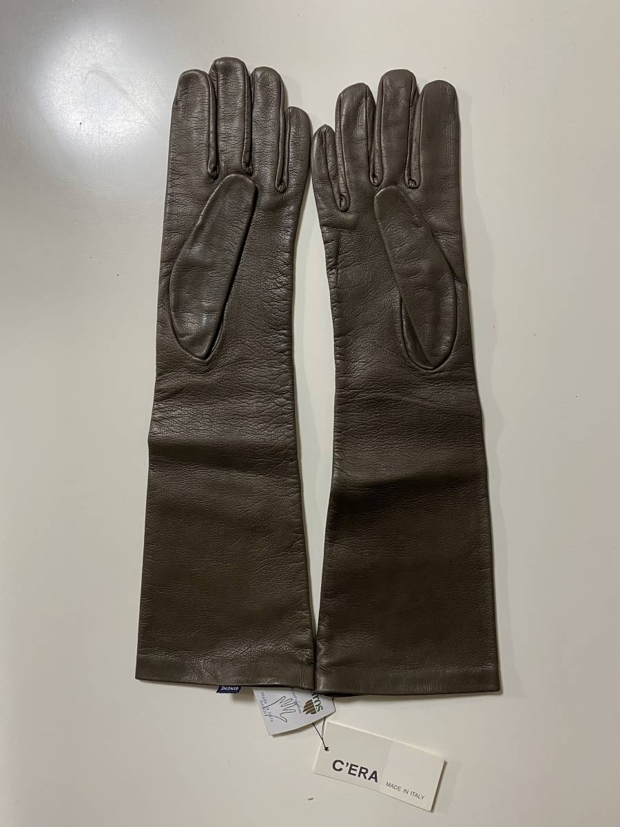 [ unused goods ] Italy made pi Caro PICAROS GLOVES lady's leather long glove Brown leather gloves size 7 half silk lining 