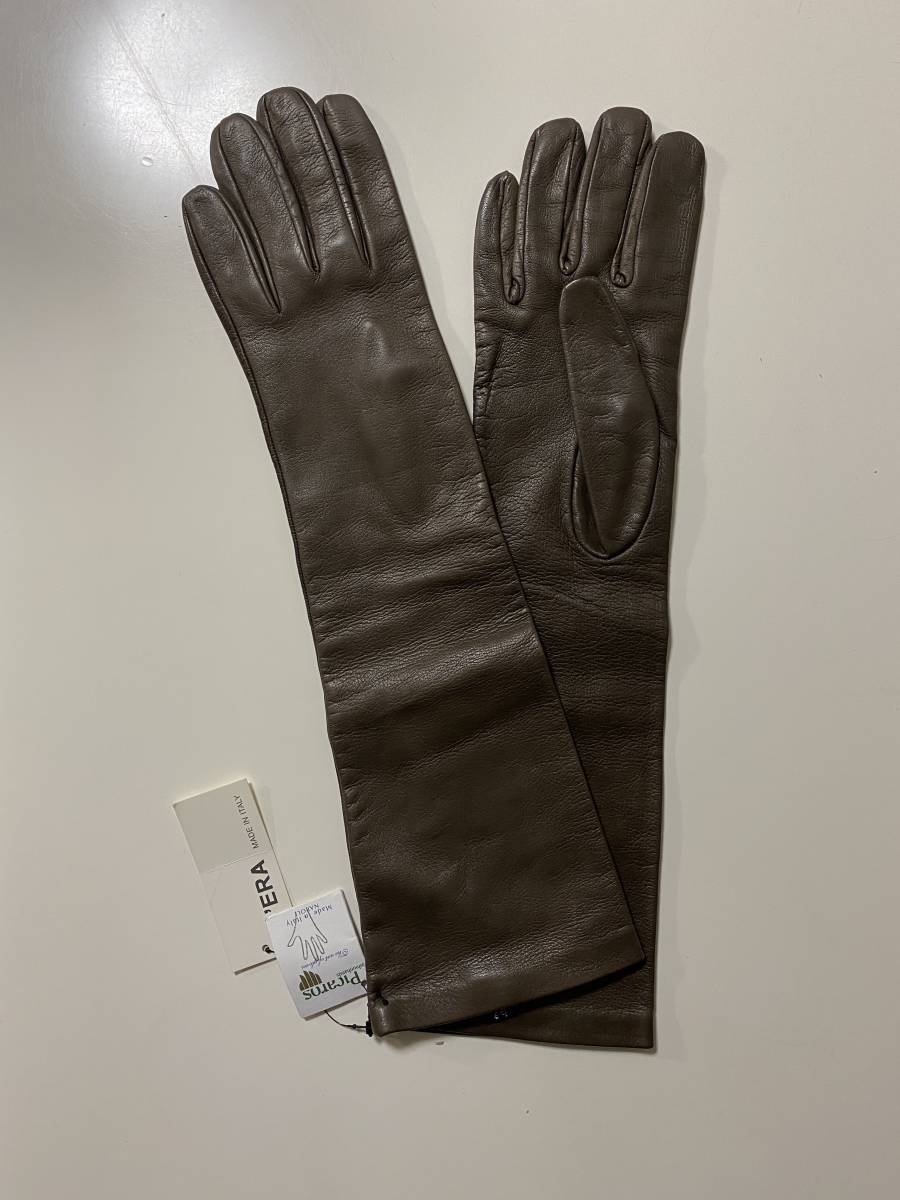 [ unused goods ] Italy made pi Caro PICAROS GLOVES lady's leather long glove Brown leather gloves size 7 half silk lining 