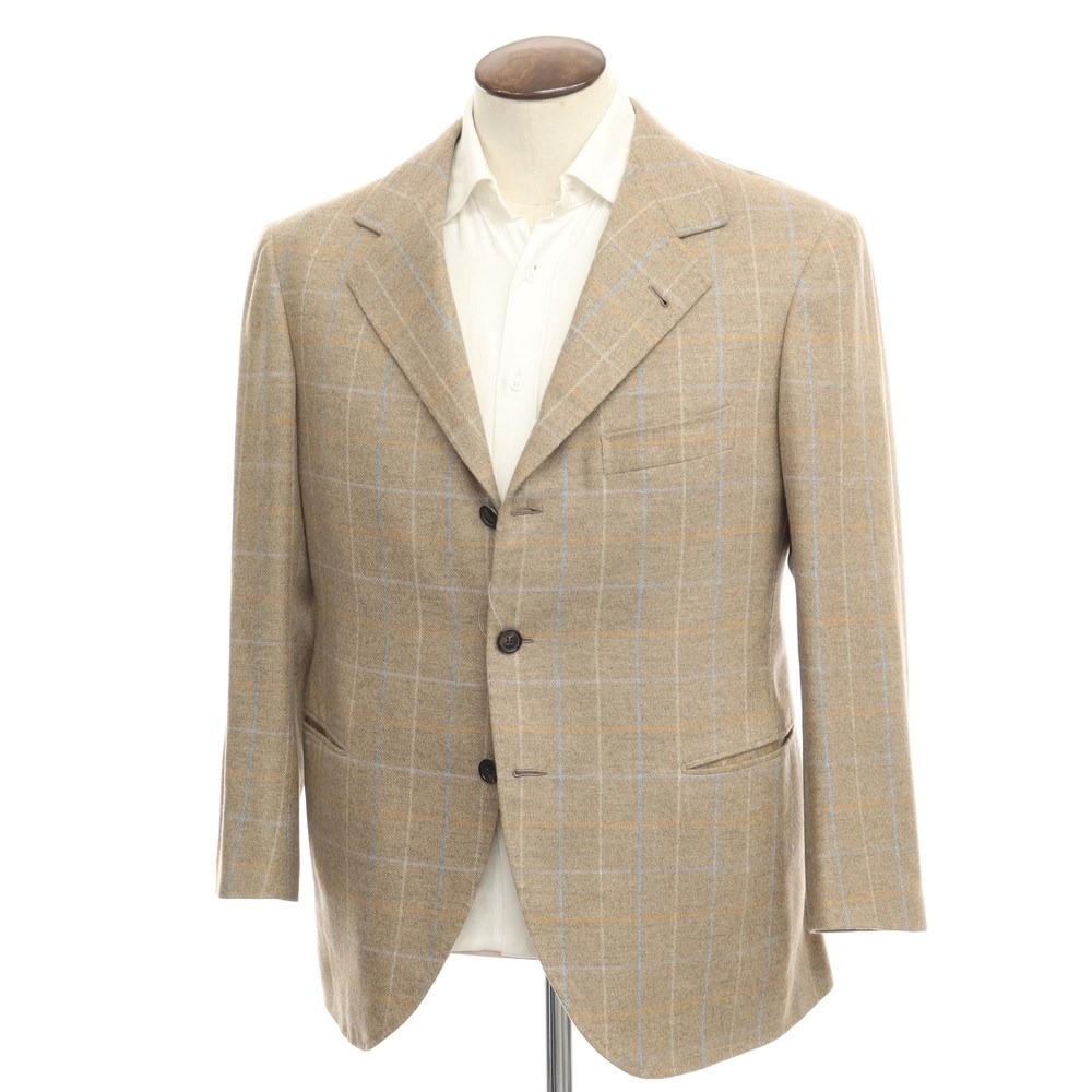 【】リベラーノ&リベラーノ LIVERANO&LIVERANO ウール チェック テーラードジャケット ベージュxライトブルー【サイズXL位】