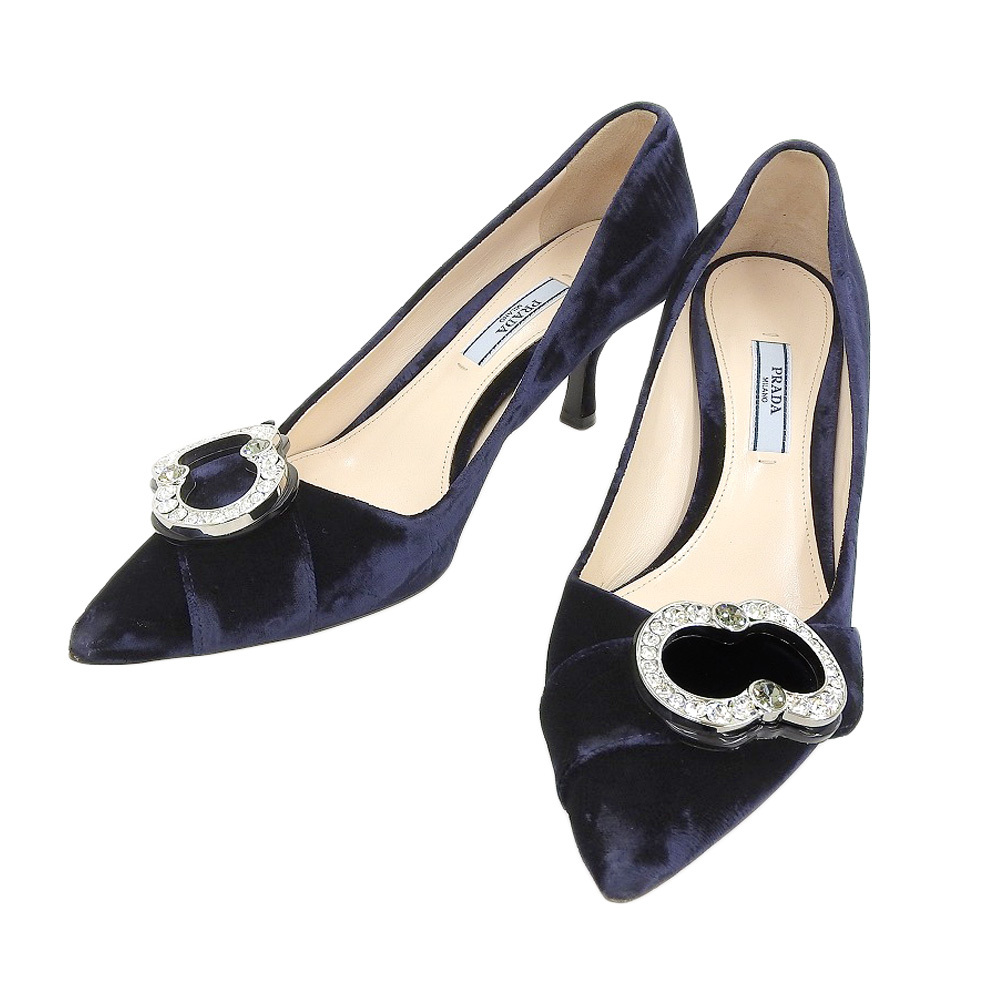 超美品 プラダ PRADA 現行青タグ ベロア スワロビジュー ポインテッド