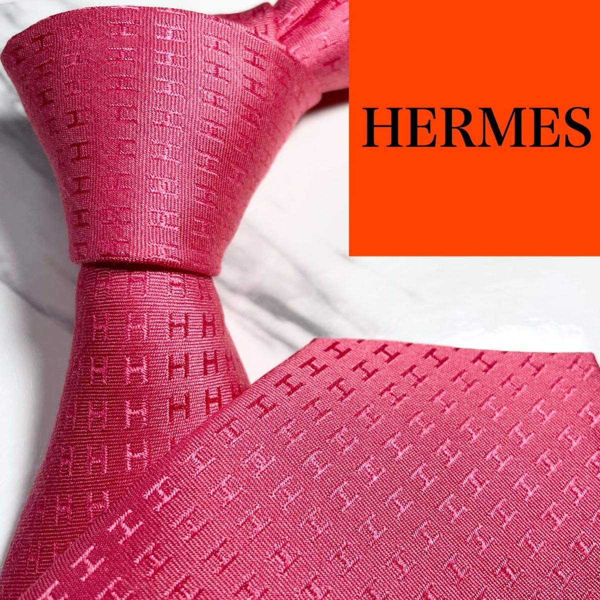 ネクタイ HERMES 定番柄 ファソネH H柄 シルク100% レッド-