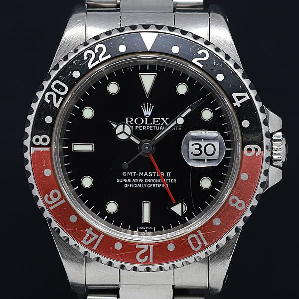 1円 稼働 ロレックス 16710 GMTマスター2 オイスターパーペチュアルデイト U番 黒赤ベゼル AT 黒文字盤 メンズ腕時計 KOR ABC5635201の画像1