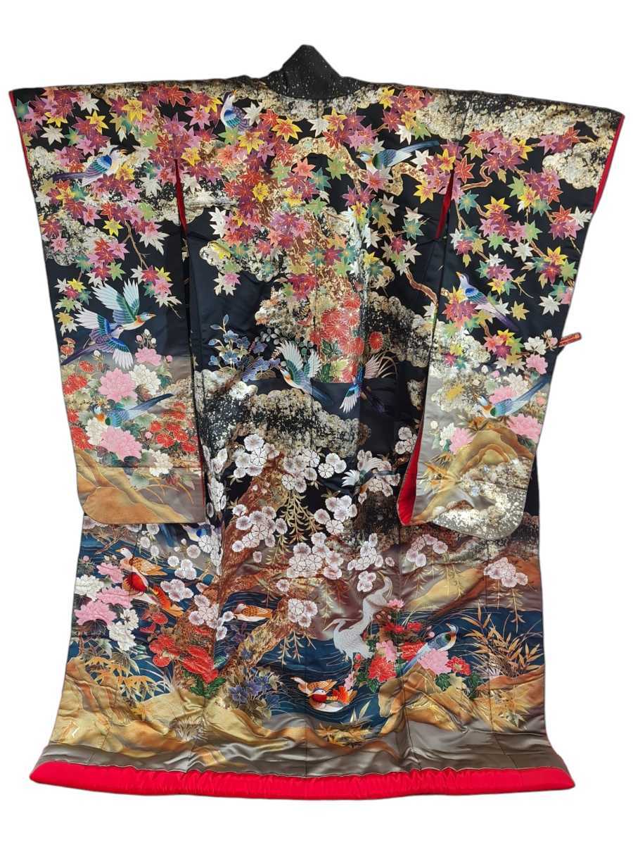 第1位獲得!】 豪華 色打掛 黒 正絹 金糸 鶴 刺繍 身丈約188cm