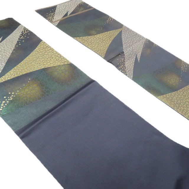 京都西陣 服部織物 手工芸 こはく錦 濃緑色 金銀 袋帯 A812-13