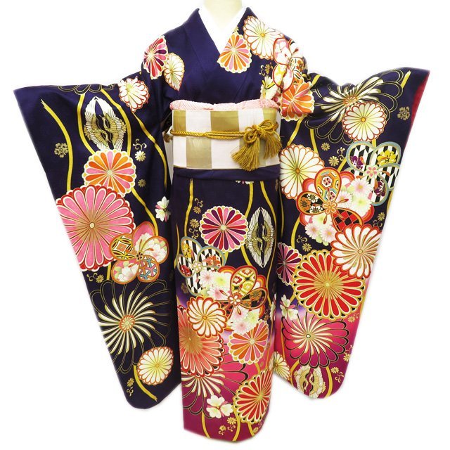 ☆きもの北條☆ 振袖 着物 正絹 花模様 菊 梅 立涌 地模様 金駒刺繍