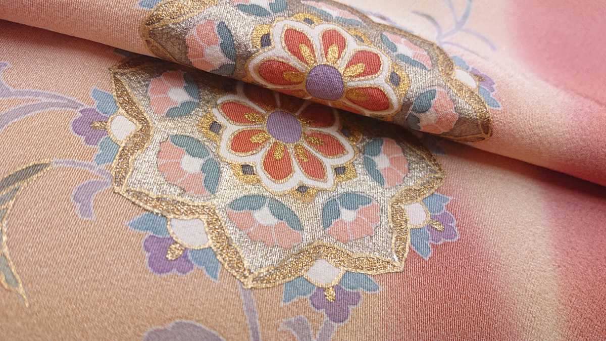 新品 金彩友禅 付下げ 65 花唐草文様 ピンク系 浜ちりめん 正絹 未仕立